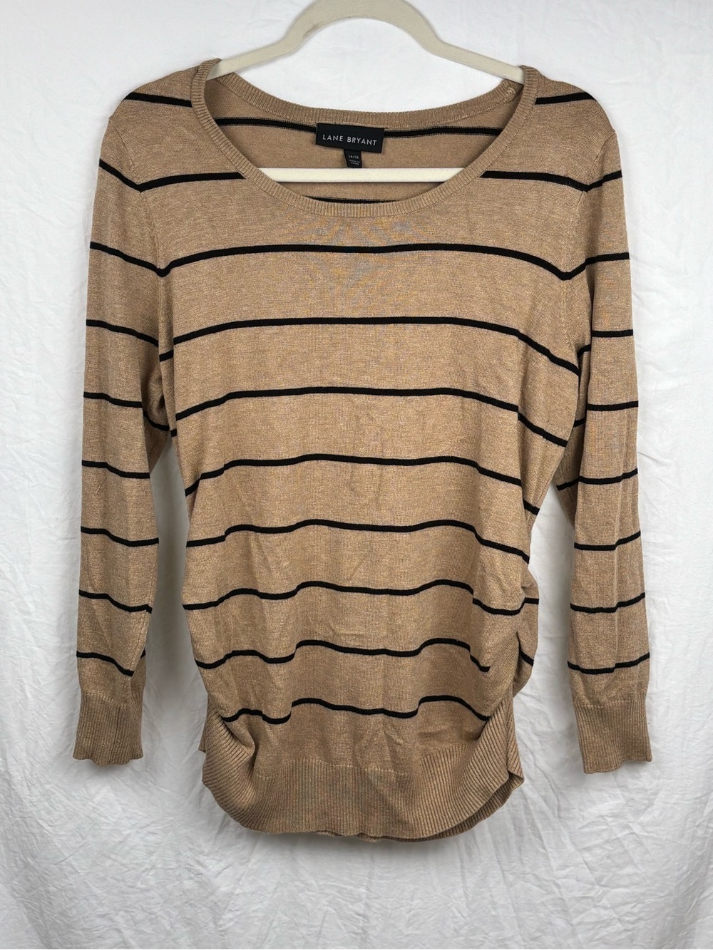 Lane Bryant 14 16 Tan and Black Striped Scoop Neck Sweater ruched sides -comfy
